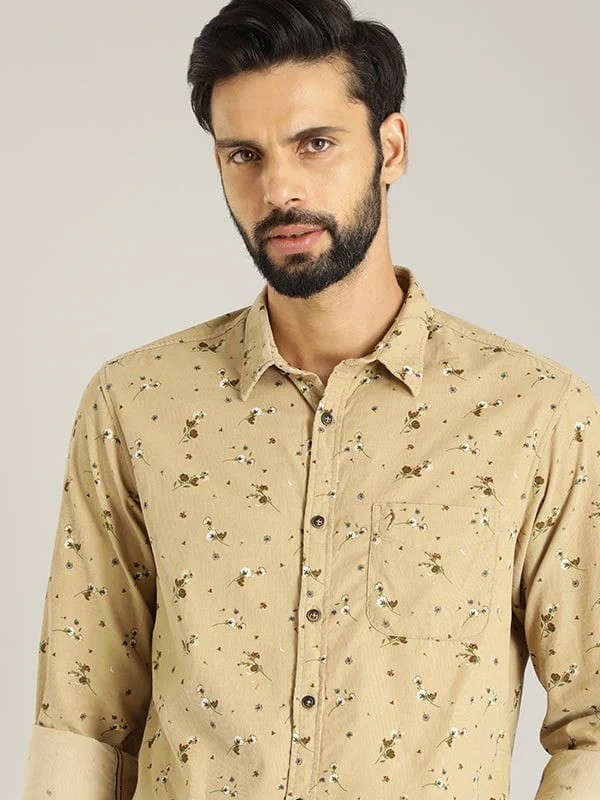 Indian Terrain Men Floral Print Khaki Shirt